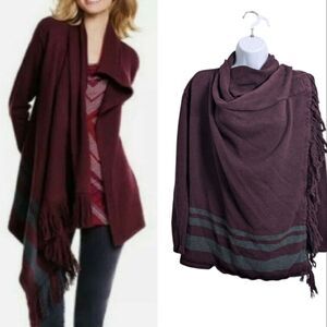 Cabi Woman Fringe Wrap Cardigan Sweater Burgundy Cowl Neck Cozy Casual Fall XS